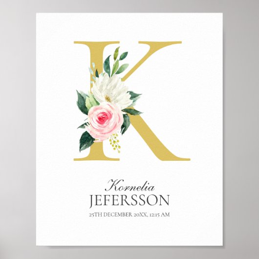 Affiche de monogramme à lettre K avec des fleurs (Devant)