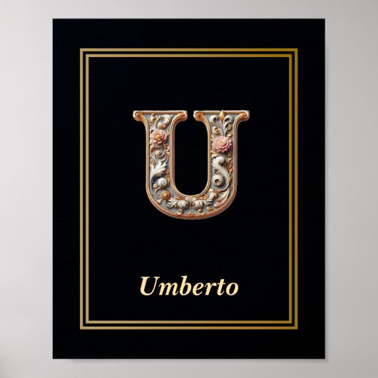 Affiche de monogramme de lettre U baroque de luxe (Devant)