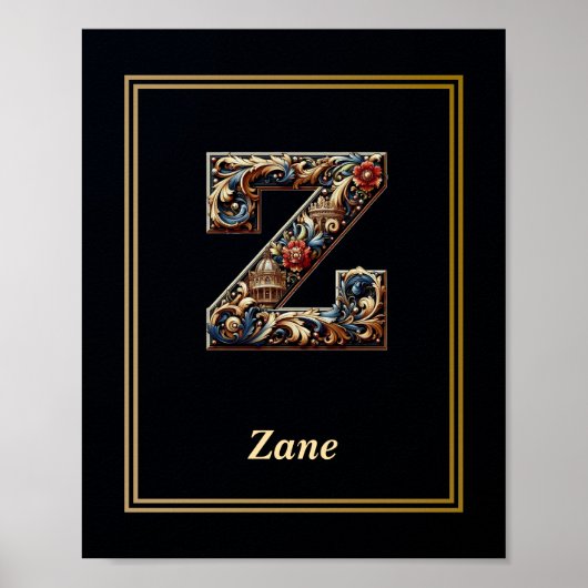 Affiche de monogramme de lettre Z baroque de luxe (Devant)