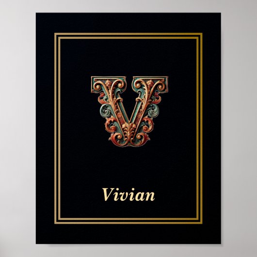 Affiche de monogramme lettre V baroque de luxe (Devant)