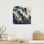 Affiche de montagne brumeuse à l'encre bleue (Cuisine)