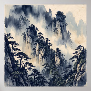 Affiche de montagne brumeuse à l'encre bleue