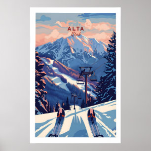 Affiche de montagne de vue de remontée mécanique d