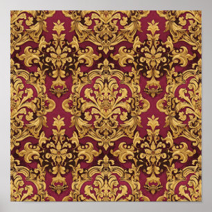 Affiche de motif de damas baroque en or cramoisi