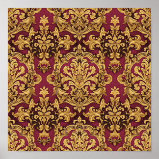 Affiche de motif de damas baroque en or cramoisi