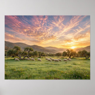 Affiche de moutons paisibles paissant au coucher d
