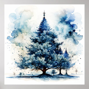 Affiche de Noël arbre de Noël bleu aquarelle