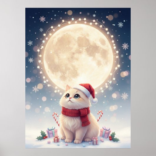 Affiche de Noël de chat mignon Kawaii avec lune (Devant)