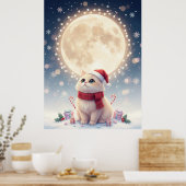 Affiche de Noël de chat mignon Kawaii avec lune (Cuisine)
