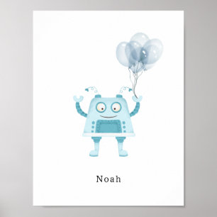 Affiche de nom de robot aquarelle bleue avec ballo