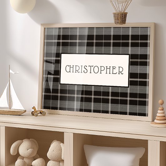 Affiche de nom personnalisé Plaid gris noir Garçon