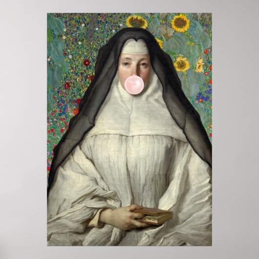 Affiche de nonne soufflant un bubble gum rose (Devant)