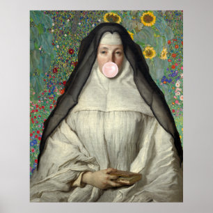 Affiche de nonne soufflant un bubble gum rose