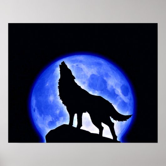 Affiche de nuit Wolf Howling Blue Pleine lune (Devant)