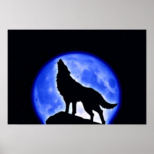 Affiche de nuit Wolf Howling Blue Pleine lune (Devant)