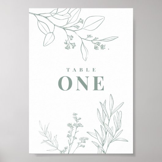Affiche de numéros de table vert sauge floral (Devant)
