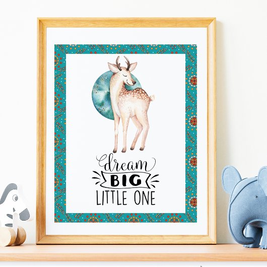 Affiche de nurserie à bordure bleue boho cerf rêve
