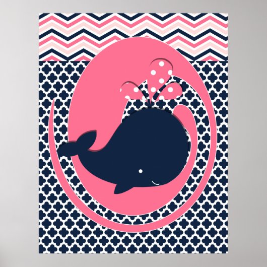 Affiche de nurserie baleine rose et bleu marine (Devant)