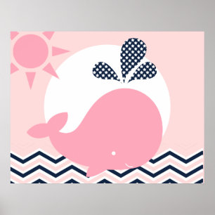 Affiche de nurserie baleine rose et marine