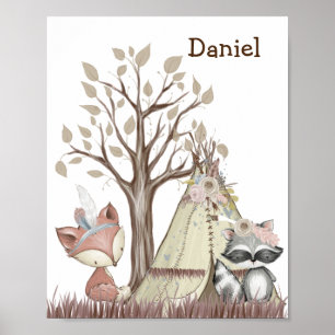 Affiche de nurserie d'animaux de la forêt bohème