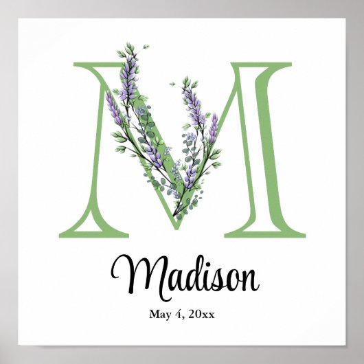Affiche de nurserie Monogram M Lavande Eucalyptus (Devant)