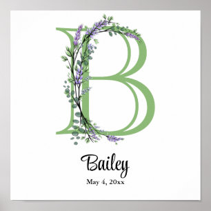 Affiche de nurserie Monogramme B Lavande Eucalyptu