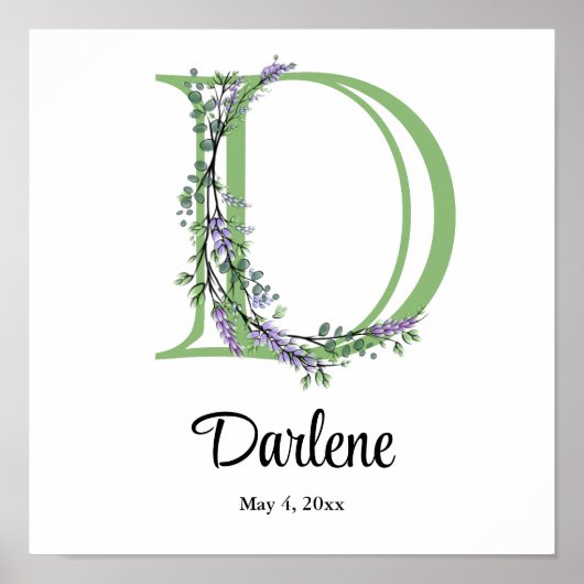 Affiche de nurserie Monogramme D Lavande Eucalyptu (Devant)