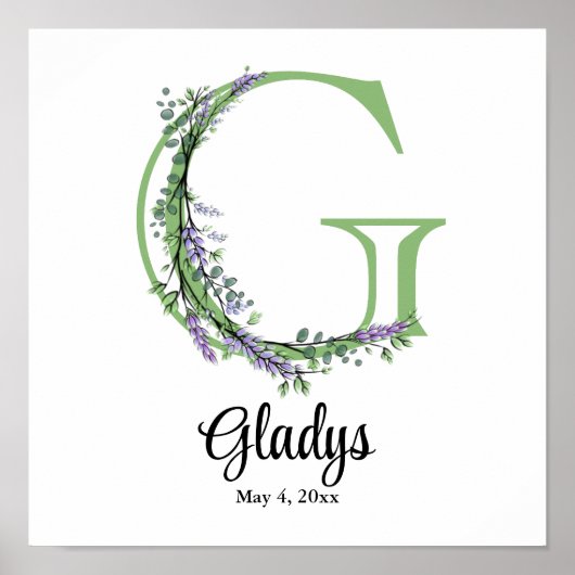 Affiche de nurserie Monogramme G Lavande Eucalyptu (Devant)