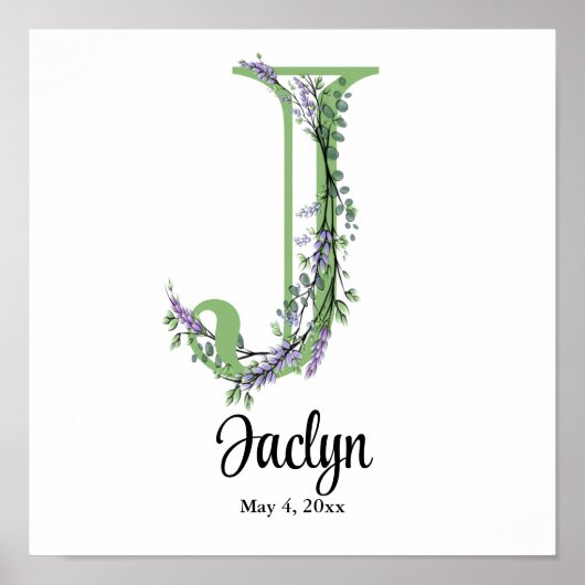 Affiche de nurserie Monogramme J Lavande Eucalyptu (Devant)
