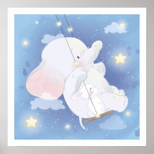 AFFICHE DE NURSERY : BABY ELEPHANT + BUNNY (Devant)