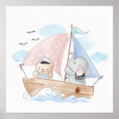 AFFICHE DE NURSERY : BATEAU AVEC ÉLÉPHANT & OURSON (Devant)