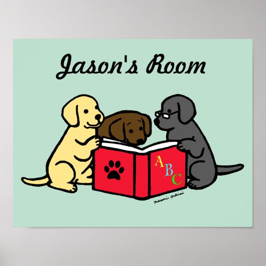 Affiche de nursery pour chiots labrador lisant (Devant)