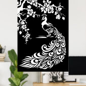 Affiche de paon blanc noir et de fleurs de cerisie (Bureau à domicile)