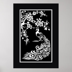 Affiche de paon blanc noir et de fleurs de cerisie