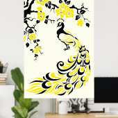Affiche de paon jaune noir et de fleurs de cerisie (Bureau à domicile)