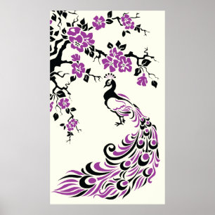 Affiche de paon violet noir et de fleurs de cerisi