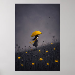 Affiche de parapluie jaune fleurs sombre et fantai