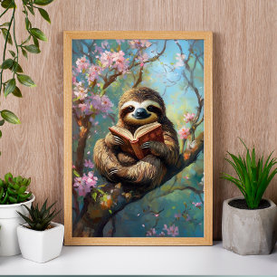 Affiche de paresseux mignon lisant un livre