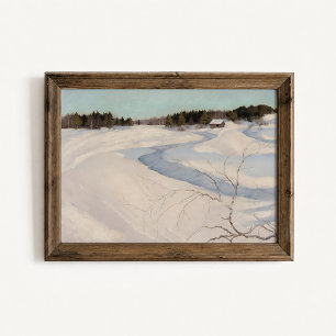 Affiche de paysage de cabane de rivière d'hiver