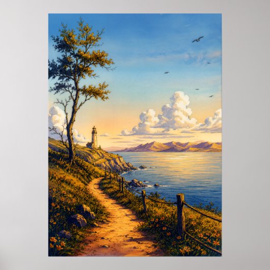 Affiche de paysage de phare côtier de l'heure doré (Devant)