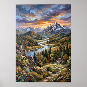 Affiche de paysage de vallée de rivière alpine