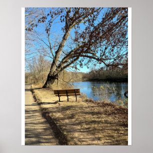Affiche de paysage d'eau de banc de parc d'automne