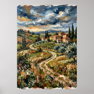 Affiche de paysage du village des collines toscane