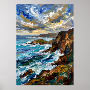 Affiche de paysage marin de côte rocheuse bleue