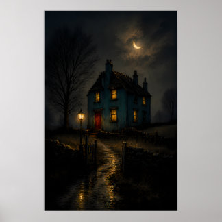 Affiche de paysage nocturne de cottage gothique lu