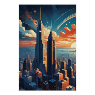 Affiche de paysage urbain futuriste au lever du so