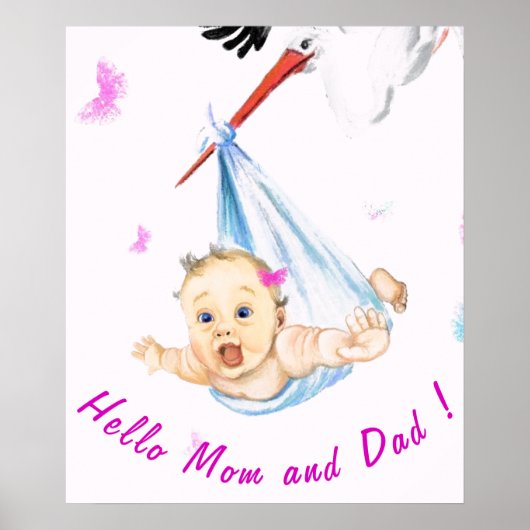 Affiche de peinture de cigogne portant bébé - Votr (Devant)