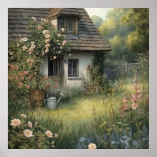 Affiche de peinture de jardin de cottage aux roses