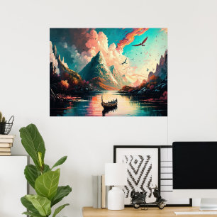 Affiche de peinture de paysage de montagnes