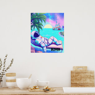 AFFICHE DE PLAGE PERSONNALISÉE ASTRONAUTE DÉTENTE 